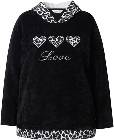 MIAMODA - Dames - Hoodie trui met capuchon pluizige sweatstof luipaard-details - Zwart - Maat 42