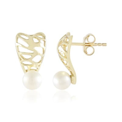 Cavill - 375 Geelgouden Oorbellen - 9K Geel Goud - 2 Witte Zoetwater Kweekparels 5mm - Elegante Pareloorbellen Dames - Moderne Bezel Setting 15mm