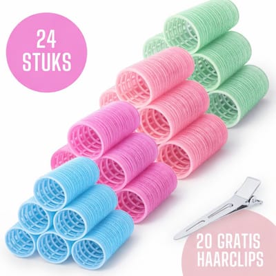 Krulspelden 24 Stuks + 20 Haarklemmen – Zelfklevende Haarrollers – 4 Maten Kleefrollers – Heatless Curls – Haar Krullen Zonder Hitte