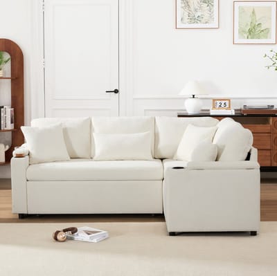 MIVRAY Hoekbank 206,5 x 141 x 86 cm - Uitschuifbare Slaapfunctie Met Opbergruimte En USB - Voor Woonkamer En Logeerkamer - Chenille Beige