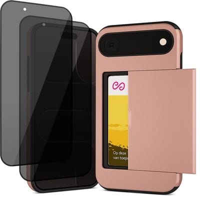 Hoesje met Pasjeshouder geschikt voor iPhone 17 Air - 2x Privacy Screen Protector FullGuard - Back Cover SlideCase Roségoud & Screenprotector