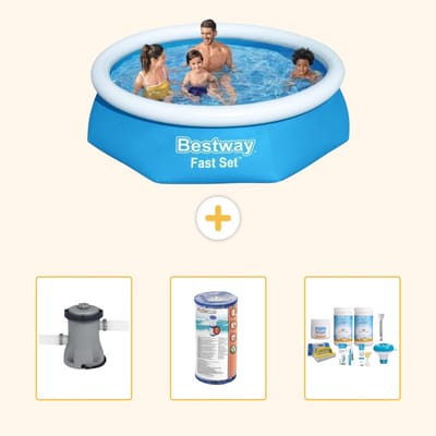 Bestway Rond Opblaasbaar Fast Set Zwembad - 244 x 61 cm - Blauw - Inclusief Pomp - Filter - Onderhoudspakket - 4-delig