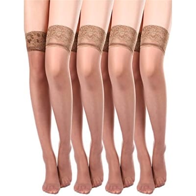 Boao 4 Paires Bas Hauts pour Femmes Collants en Dentelle Soyeux Semi-Transparents Lingerie pour Femmes Été Halloween Cosplay beige