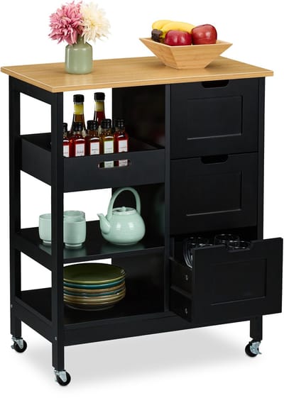 keukentrolley op wieltjes - met werkblad - 3 lades - 85 x 68,5 x 38,5 cm - zwart