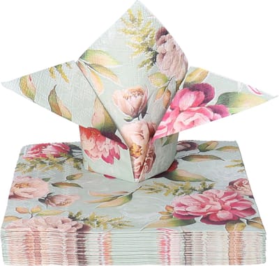 Ambiente Tafel diner servetten - Pioenrozen thema - 20x stuks - 33 x 33 cm - Lente/zomer/bloemen/Rozen