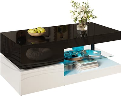Salontafel - 90 x 45 x 35,5 cm - LED Verlichting App Bluetooth Glasplaat Hoogglans - LED Sfeer App Bluetooth Bediening - Glas Hoogglans - Zwart Wit