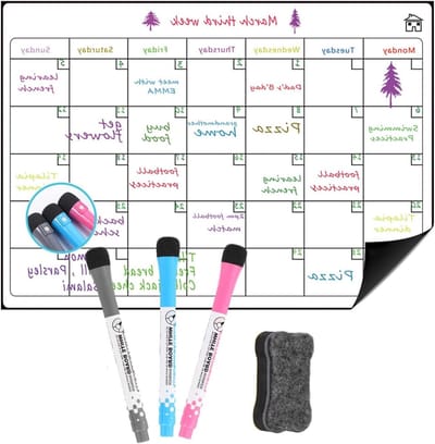 Maandplanner 42 x 30 cm, afwasbaar met 3 whiteboard stiften en 1 gum, ideaal voor to-do lijsten, evenementen en vakantieplanning, magnetisch voor op de koelkast
