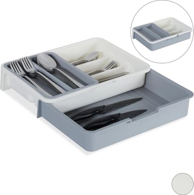 bestekbak - uitschuifbaar - 23,5 -39,5 cm - 7 vakken - kunststof - grijs