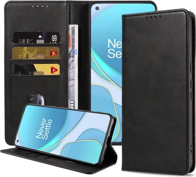Smartphonica Telefoonhoesje geschikt voor OnePlus 8T kunstleren Hoesje met Magnetische sluiting en Pasjeshouders Book Case met Klepje - Zwart geschikt voor OnePlus 8T