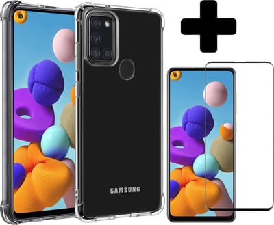 Hoesje - Met Screenprotector - Geschikt voor Samsung Galaxy A21s - Sterk & Shockproof - Back Cover - Siliconen Case - Telefoon Hoes - Shock Proof - Telefoonhoes - Transparant
