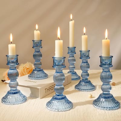 Set van 6 Glazen Kaarsenhouders voor Dinerkaarsen - Stijlvolle Houders voor Bruiloft en Tafeldecoratie
