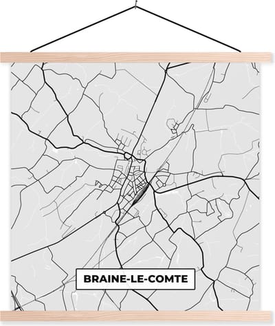 Posterhanger incl. Poster 40x40 cm - Schoolplaat - Stadskaart – Plattegrond – België – Zwart Wit – Braine le Comte – Kaart - Textielposter - Blanke latten - Stadskaart