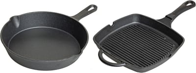 Blackwell Pannenset Gietijzer 2-Delig Koekenpan ø 25 cm & Grillpan 23 x 23 cm - geschikt voor alle warmtebronnen - zonder anti-aanbaklaag