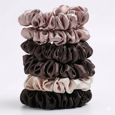 Set satijn scrunchies in nude en bruintinten – 6 stuks elastische haar accessoires van glanzend satijn – beige, nude en bruin scrunchie set voor dames – zachte brede haar elastiekjes