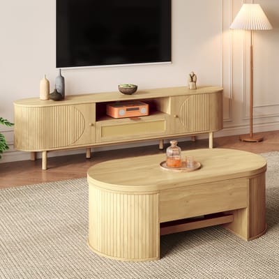 OKWISH Woonkamermeubelset - Verstelbare Salontafel En Tv Meubel Met Opbergruimte - Voor Moderne Woonkamer - MDF Naturel - 110x55,5x40 En 175x36x41