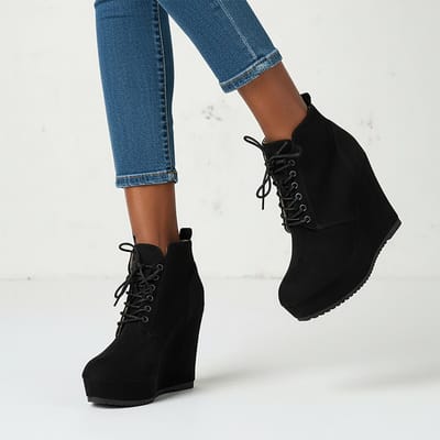 Nieuwe Dames Laarzen Plus Size Chunky Platform Enkellaarsjes Vrouw Herfst Winter Booties Mode Veterschoenen met Wedgezool voor Dames 39 black