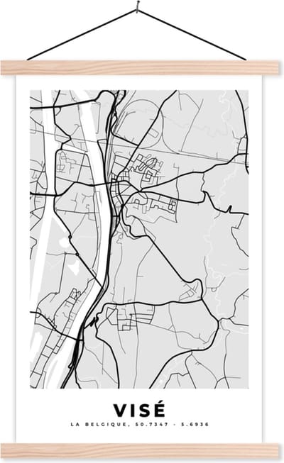 Posterhanger incl. Poster 40x60 cm - Schoolplaat - Zwart Wit – België – Plattegrond – Stadskaart – Kaart – Visé - Textielposter - Blanke latten - Stadskaart