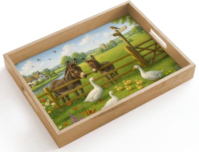 Dienblad hout 40x30 cm - Schootdienblad - Ezels - Ganzen - Kleurrijk - Borrelplank rechthoek - Plateau dienbladen