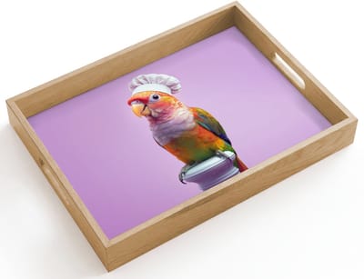 Dienblad hout 40x30 cm - Schootdienblad - Papegaai - Koksmuts - Pilaar - Vogel - Borrelplank rechthoek - Plateau dienbladen