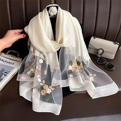 Geborduurde Zijden Sjaal~Haitang Bloemen Geborduurde Spijker Kralen Zijden Sjaal Voor Vrouwen Herfst/Winter Sjaal Cadeau One Size white