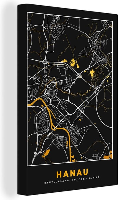 Canvas Schilderij Hanau - Kaart - Goud - Duitsland - Plattegrond - Stadskaart - 20x30 cm - Wanddecoratie