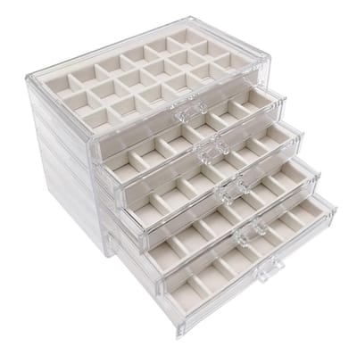 Dailygoods- Sieradendoos 5 Niveaus - Organizer voor Oorbellen - Stapelbaar Fluweel - 90 Compartimenten - Acryl Lade - Dozen voor Ringen - Sieradenopberger