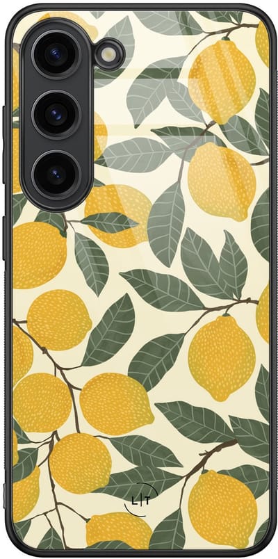 Hoesje geschikt voor Samsung Galaxy S23 - Citroenen - Luxe Glazen Hardcase - Print / Illustratie - Geel