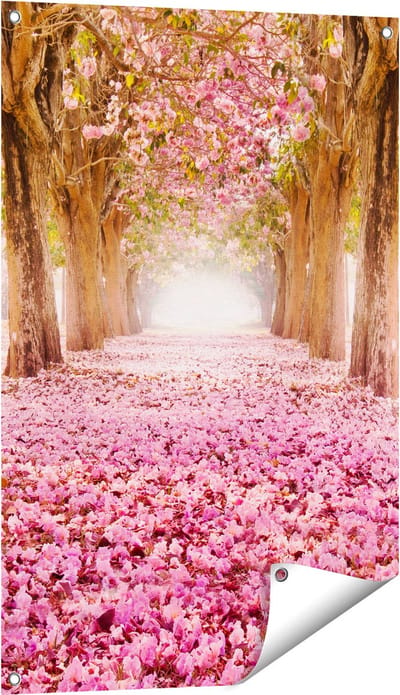 Gards Tuinposter Romantische Bomen Tunnel met Roze Anjers - 60x90 cm - Tuindoek - Tuindecoratie - Wanddecoratie buiten - Tuinschilderij
