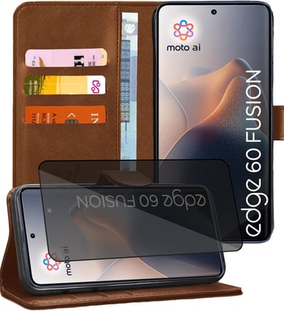 Hoesje geschikt voor Motorola Moto Edge 60 / Edge 60 Fusion - Privacy Screenprotector Volledig Dekkend Glas - Portemonnee Book Case Bruin