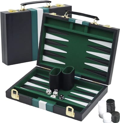 CLVP® Backgammon Koffer – Luxe Backgammon Set – Lederen Bordspel – Reisspel Set - Draagbaar –Zwart en groen
