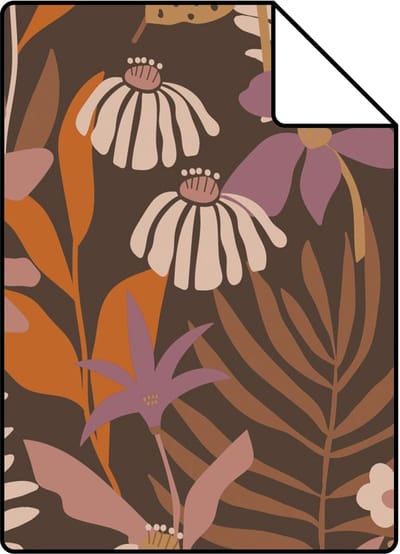 Proefstaal ESTAhome behang tropische bladeren en bloemen bruin, paars en meerkleurig - 26.5 x 21 cm - 130998-S