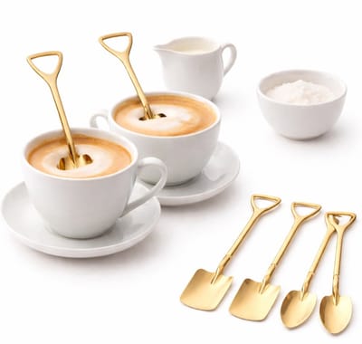 Unieke Theelepelset 4-delig – Schopvorm Design – RVS Goudkleurig – 2x Rond & 2x Vierkant – Vaatwasserbestendig – Origineel Cadeau