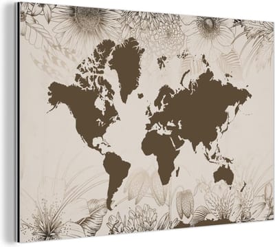 Wanddecoratie Metaal - Aluminium Schilderij Industrieel - Wereldkaart - Vintage - Bloemen - 120x80 cm - Dibond - Foto op aluminium - Industriële muurdecoratie - Voor de woonkamer/slaapkamer