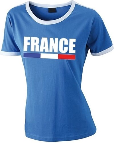 Blauw Frankrijk supporter ringer t-shirt met witte randjes dames - Franse vlag shirts S