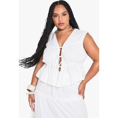 boohoo Dames Plus Katoenen Vest met Strik Vooraan | Wit | Maat: 46