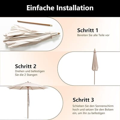 Houten Tuinparasol 300 cm Rond – UV-bestendige Terrasparasol met Katrolsysteem en Verstelbare Hoogte – Grote Balkon Parasol voor Tuin, Terras & Zwembad – Beige – Nicolehome