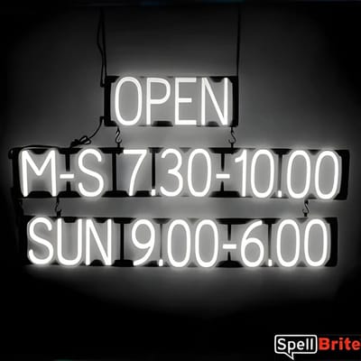 OPEN M-S 7.30-10.00 SUN 9.00-6.00 - Lichtreclame Neon LED bord verlicht | SpellBrite | 107 x 60 cm | 6 Dimstanden - 8 Lichtanimaties | Reclamebord neon verlichting