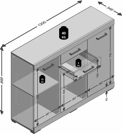 Dressoir Hermes Eiken - Breedte 120 cm - Hoogte 89.9 cm - Diepte 34.9 cm - Met lades - Met planken - Met openslaande deuren