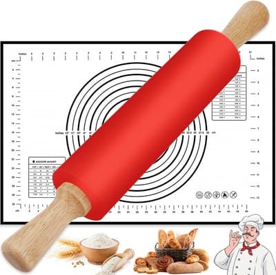 Dailygoods- Deegroller Set van 2 - Antiaanbak Deegroller met Houten Handvat - Antislip Deegmat met Metingen - BPA-vrij Bakgereedschap - Geschikt voor Pizza, Fondant, Gebak - Bakmat