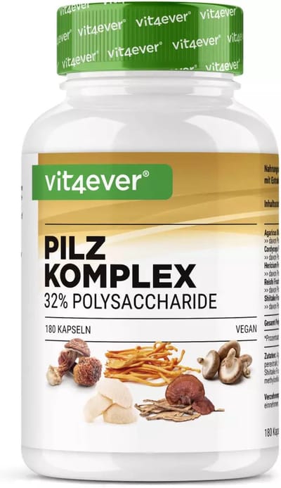 Paddenstoelen complex - Met 5 soorten paddenstoelen - Lions Mane, Cordyceps, Reishi, Agaricus Blazei & Shiitake - 32% Polysacharide - 180 capsules met 750 mg extract - Vit4ever