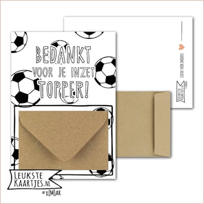 Geldkaart met mini Envelopje -> Bedankt - Voetbal - No: 04 (BEDANKT voor je inzet TOPPER! - Groen gestreept met voetbal elementen) - LeuksteKaartjes.nl by xMar
