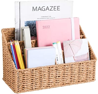 Natuurlijke geweven bureauorganizer met 4 vakken - Rustieke stijl, 31,5 x 15 x 19 cm