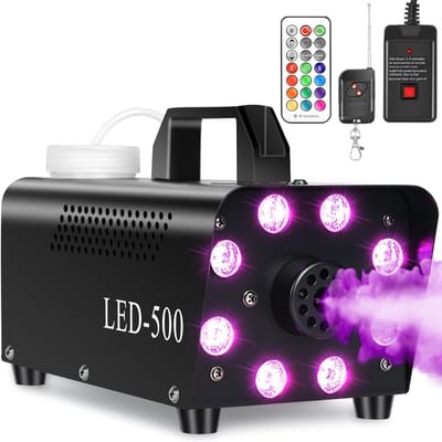 GELLDG Mini rookmachine - 500W - met 8 RGB-leds en lichteffecten - inclusief kabel, voetschakelaar en 2 draadloze afstandsbedieningen - Automatische rookmachine - Geschikt voor Halloween, feesten, dj's, podia en bruiloften