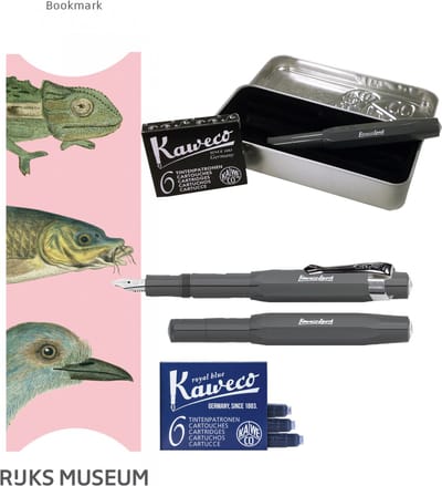 Kaweco Cadeauset (6 delig) Blikje, Vulpen grey M, Clip, Boekenlegger 3 dieren, 2 doosjes vullingen