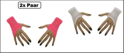 2x Paar nethandschoenen vingerloos roze/pink en wit - Themaparty - Festival thema feest disco neon verjaardag verkleed feest