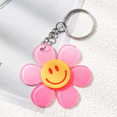 Kleurrijke Verloop Zonnebloem Sleutelhanger Creatieve Glimlach Bloem Hanger voor Mannen en Vrouwen, Eenvoudige Schooltas Charm, Autosleutelhanger, Acryl roze