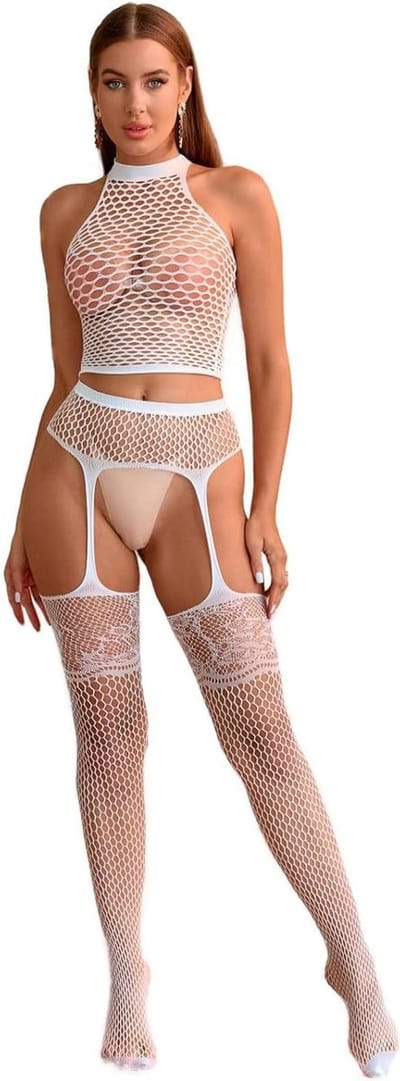 Verleidelijke Vissennet Lingerieset voor Vrouwen, Sexy Nachtkleding met Kanten Garter en Top, Perfect voor Feestjes en Romantische Avonden