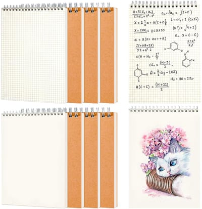 Dailygoods - 8 stuks spiraalblokken A6, blanco en geruit, 80 vellen/160 pagina's, notitieboeken, A6, spiraal, afscheurbaar, klein spiraalnotitieblok met kraftpapieren omslag, paperback