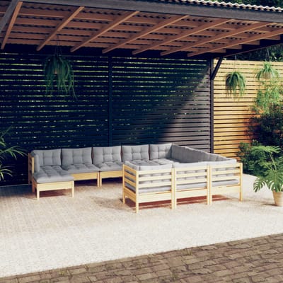 vidaXL - 11-delige - Loungeset - met - grijze - kussens - grenenhout