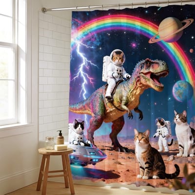Dailygoods - Douchegordijn Kat Dinosaurus - Waterdicht en machinewasbaar met 12 haken, 183 x 183 cm